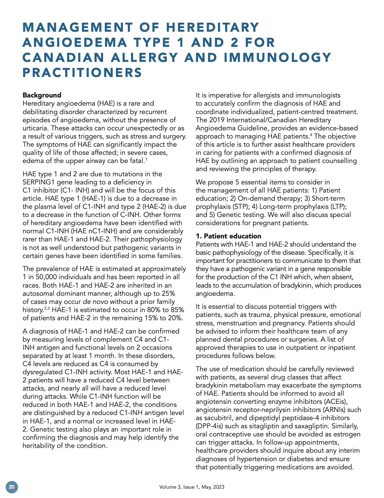 Management of Hereditary Angioedema Type 1 and 2 for Canadian Allergy